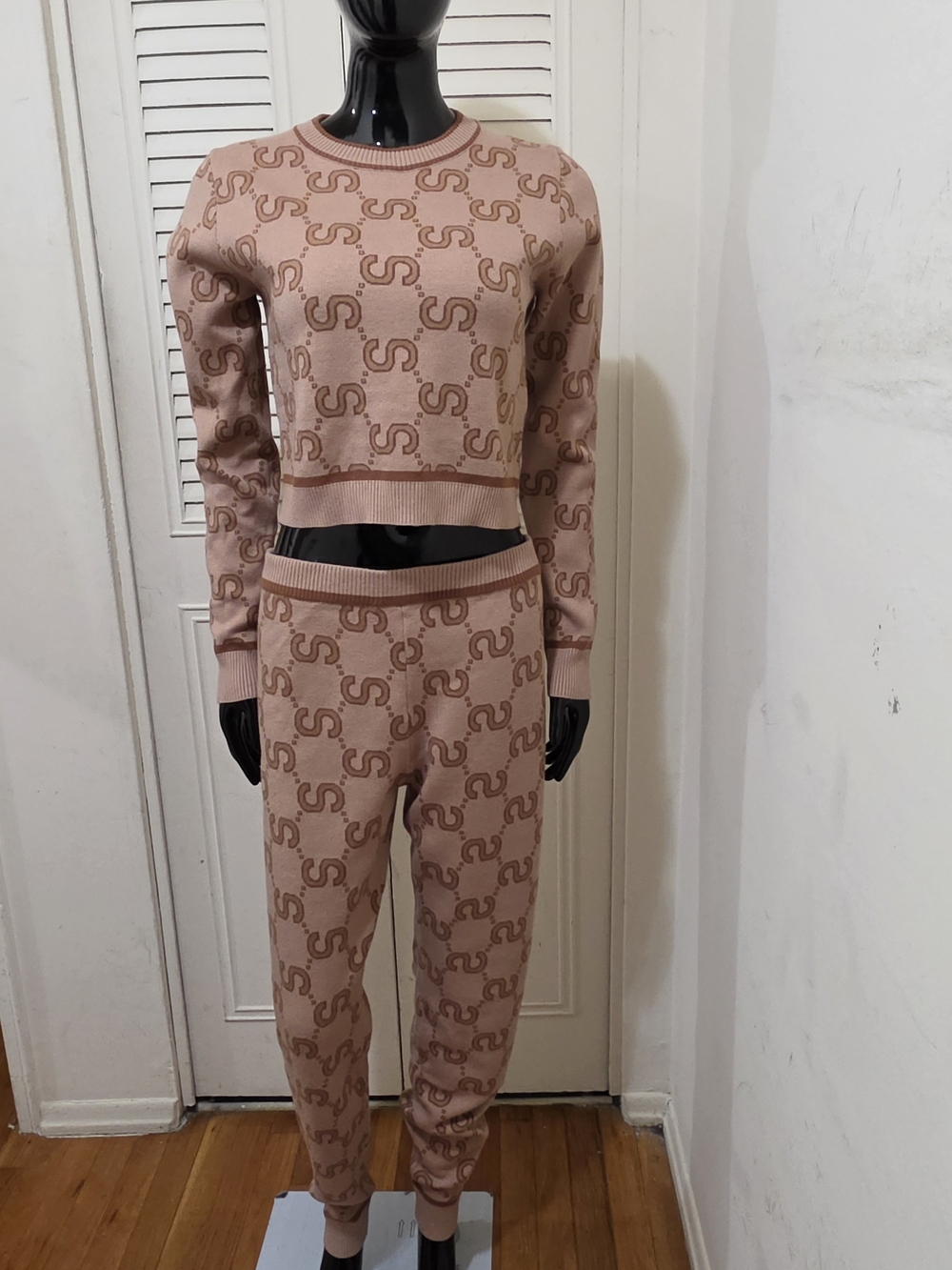 Blush Pink Knit Jogger Set - Cropped Crew Top & High-Waist Track Pants